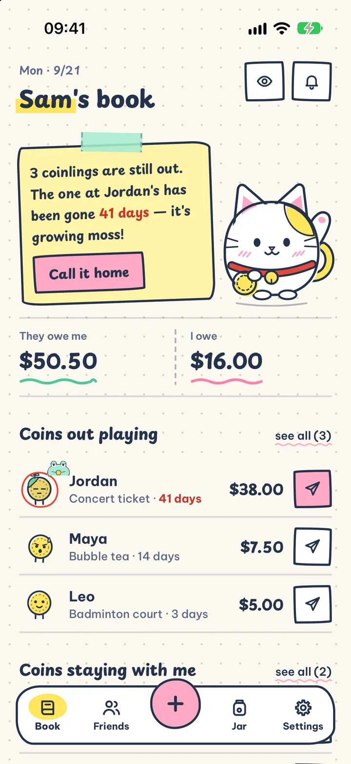 A super cute IOU book. Bestie, Hihi and Chill keep track and write the nudge for you.