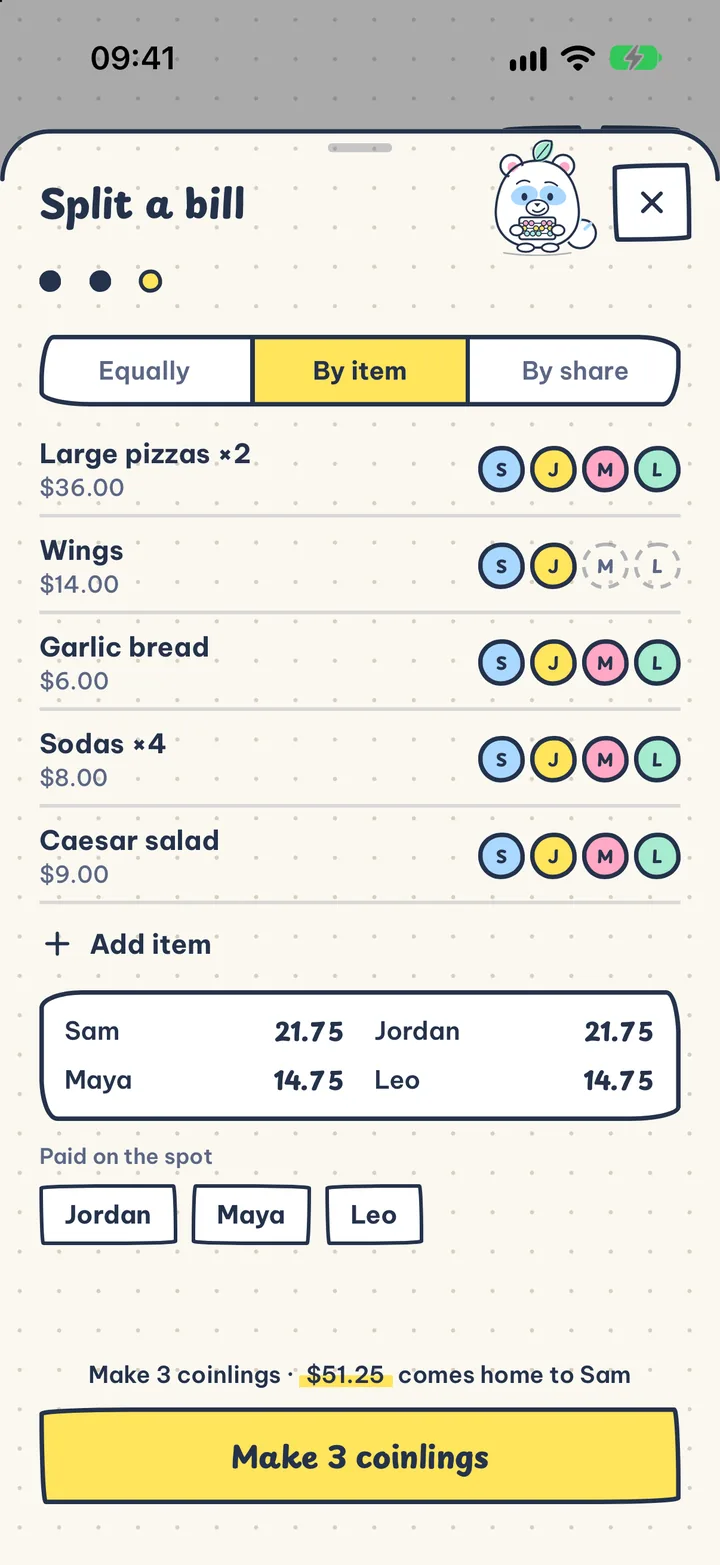 Split the bill, no math. Equally, by item or by share. See who pays what at a glance.