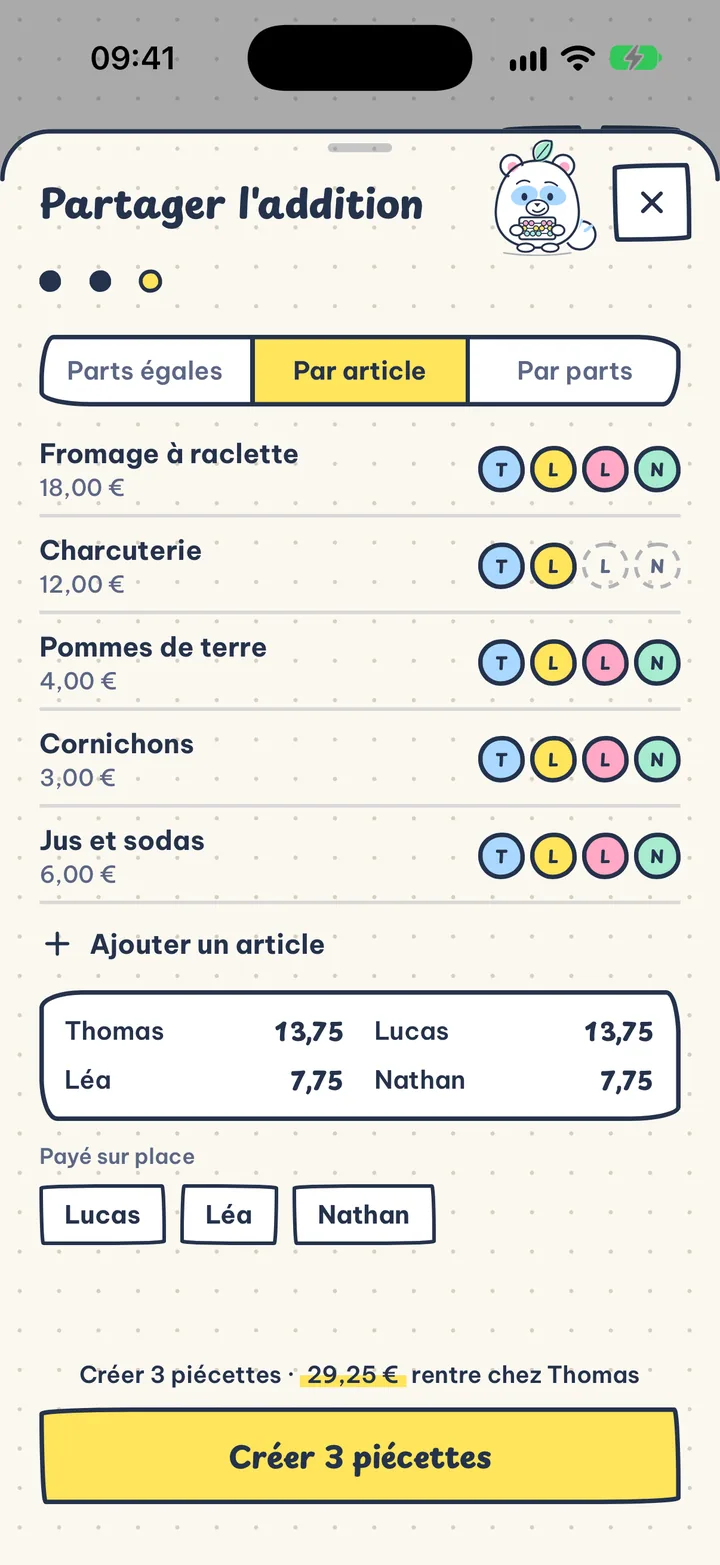 L'addition sans calcul. Parts égales, par article ou par parts : tu vois tout de suite ce que chacun doit.