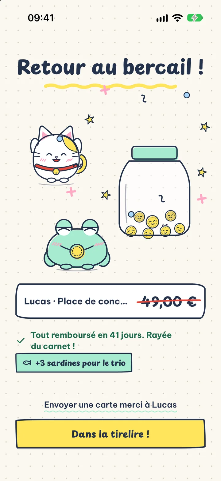 Retour au bercail !. Dette remboursée ? Raye-la du carnet et envoie une petite carte merci.