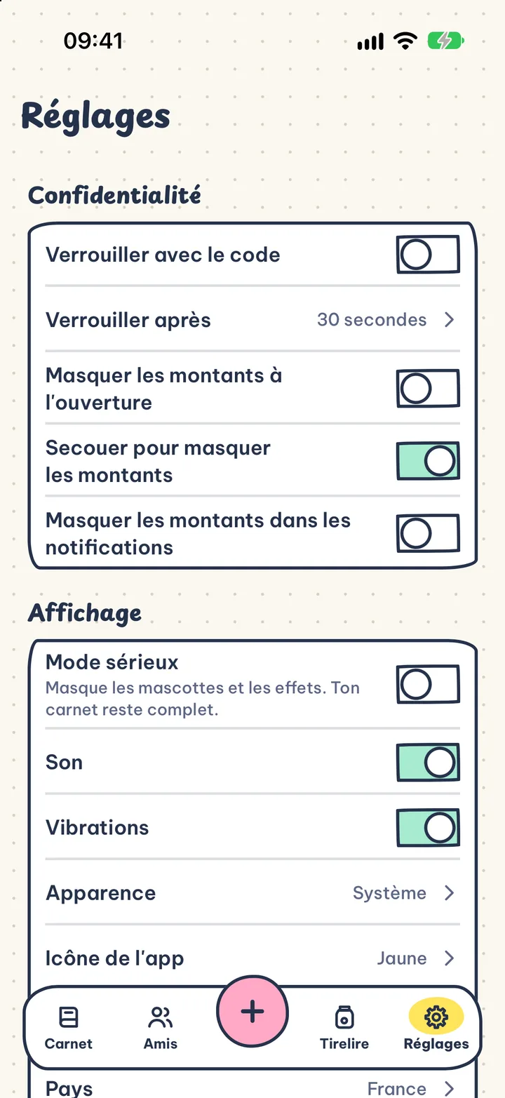 Privé par nature. Sans compte, pub ni pistage. Ton carnet reste sur ton appareil et ton iCloud.