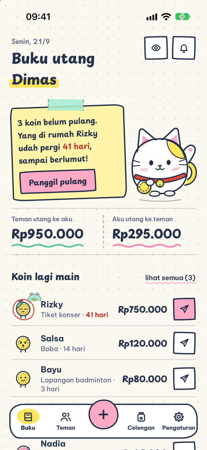 Buku utang super lucu. Bestie, Hihi, dan Chill bantu mencatat dan menulis kartu pengingat.