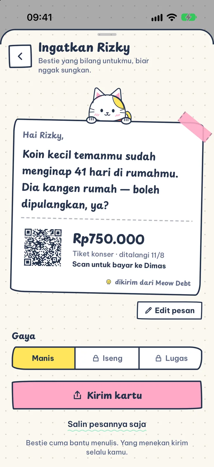 Nagih tanpa canggung. Tiga gaya kartu pengingat, lengkap dengan QR terima uangmu.