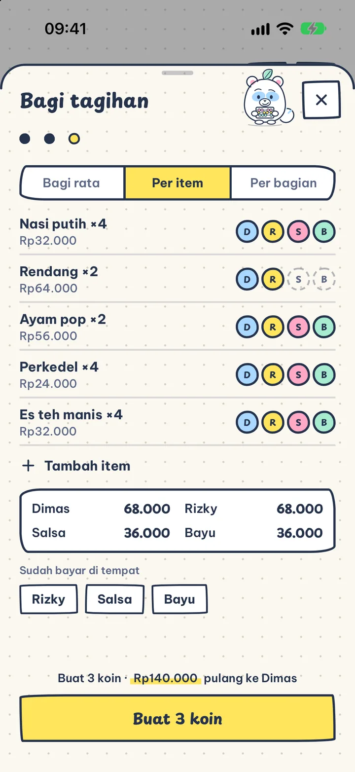 Patungan anti ribet. Bagi rata, per item, atau per bagian. Jelas siapa bayar berapa.