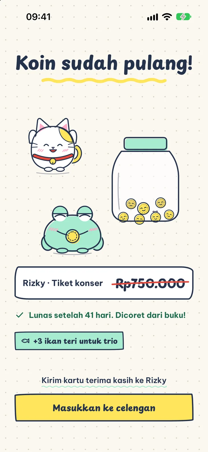 Lunas? Koin pulang!. Coret dari buku, masuk celengan, lalu kirim kartu terima kasih.