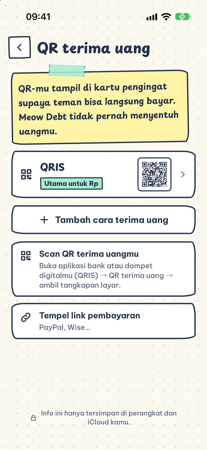 Terima uang lewat QRIS. QR dari bank atau dompet digitalmu, atau link pembayaran, langsung di kartu.