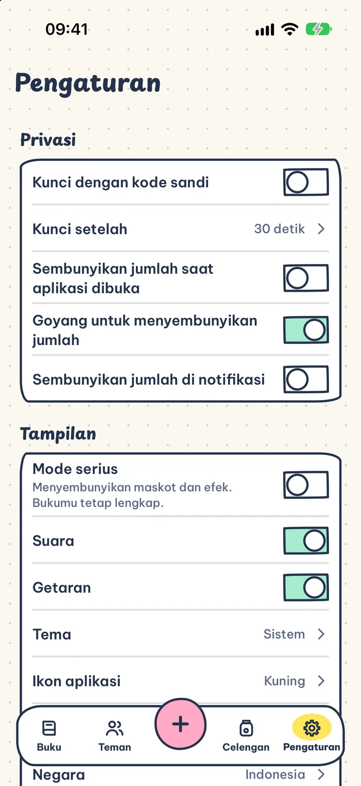 Privasi sejak awal. Tanpa akun, iklan, atau pelacakan. Bukumu hanya di perangkat dan iCloud kamu.