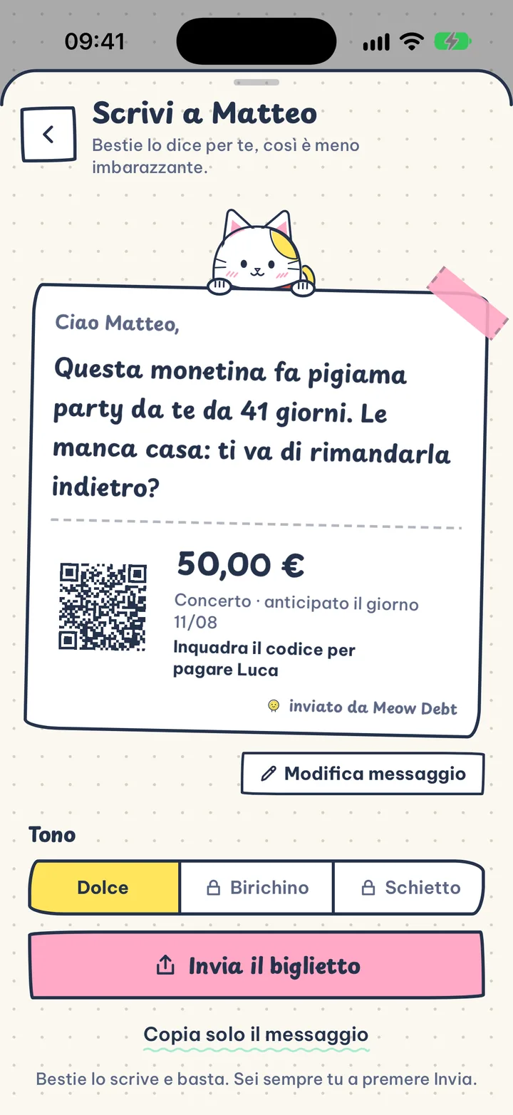 Chiedi senza imbarazzo. Biglietti in tre toni, con il tuo QR di pagamento.