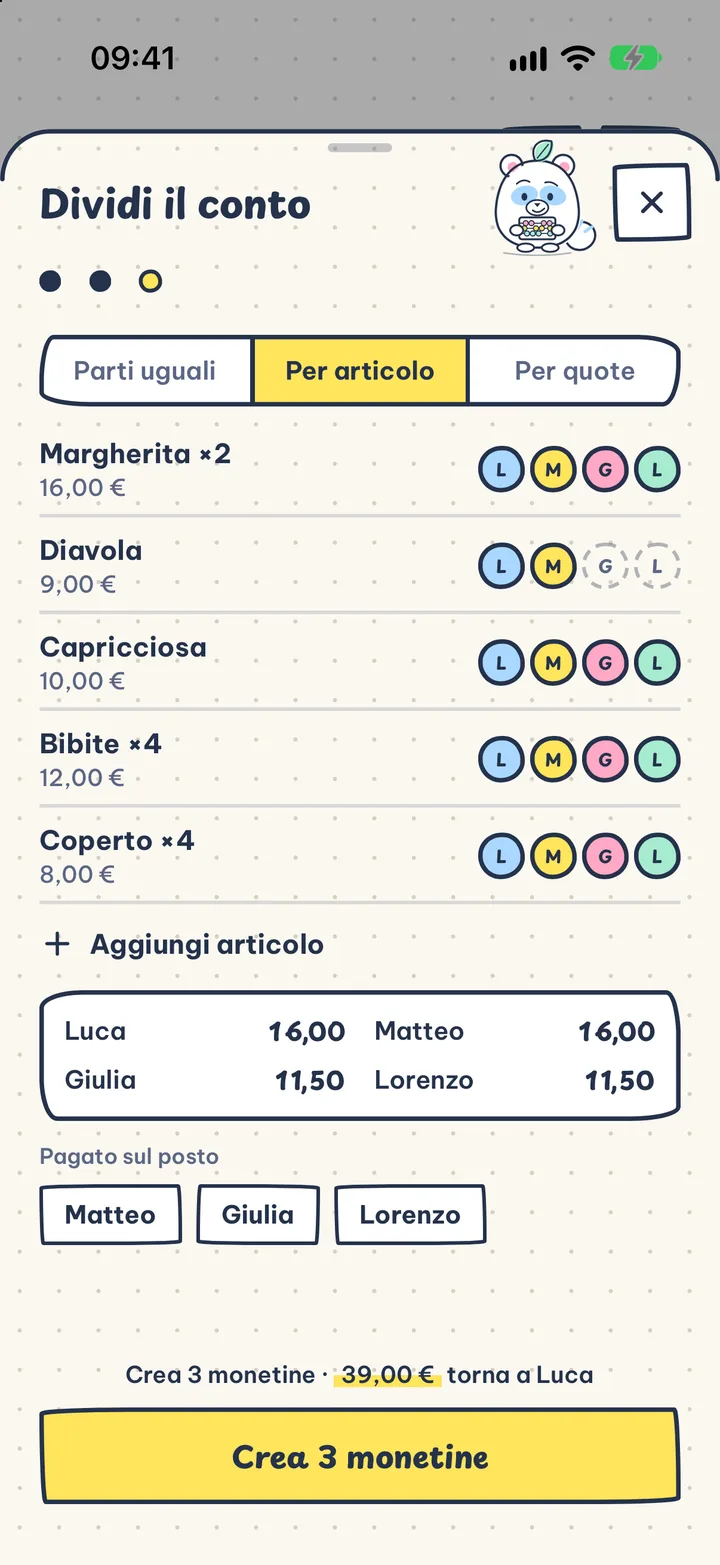 Dividi senza calcoli. Il conto in parti uguali, per articolo o per quote. Vedi subito quanto tocca a ciascuno.