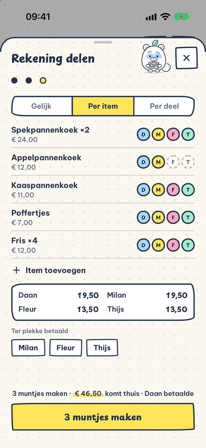 Delen zonder rekenen. Gelijk, per item of per deel. Wie wat moet, zie je meteen.