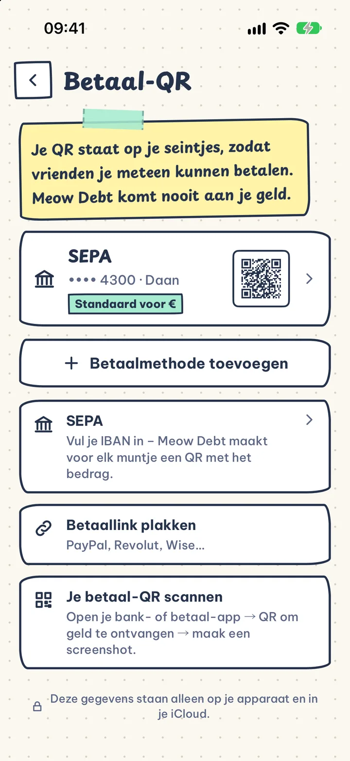 QR of link, jij kiest. Een SEPA-QR met je IBAN en het bedrag, of je betaallink. Op elk kaartje.