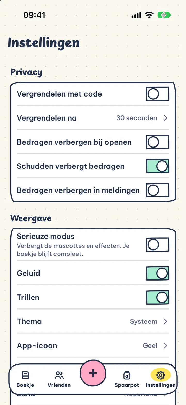 Privé, echt privé. Geen account, advertenties of tracking. Je boekje blijft op je apparaat en in je iCloud.