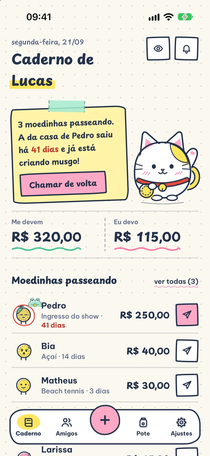 Dívidas, mas fofas. Bestie, Hihi e Chill cuidam do caderno e escrevem a cobrança por você.