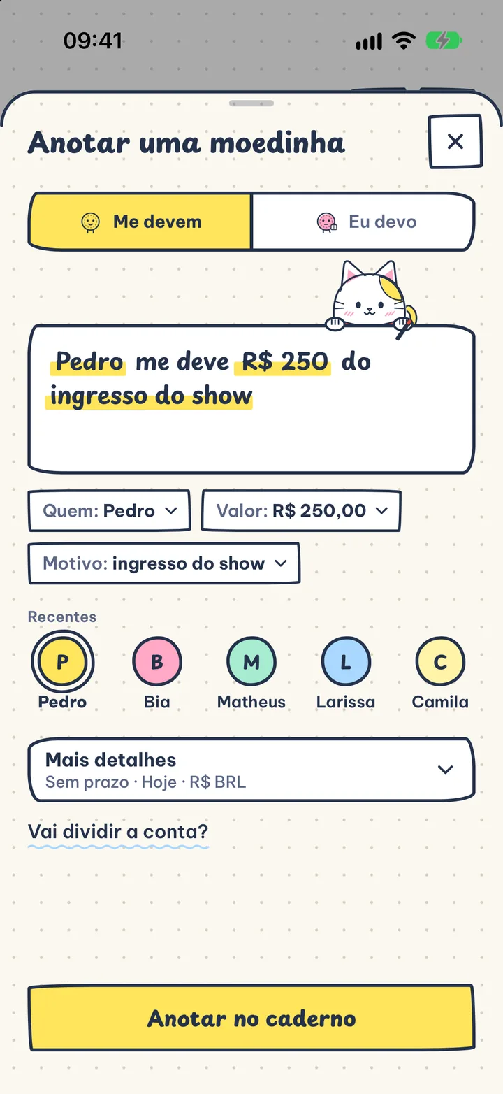 Anote numa frase só. Digite "Pedro me deve R$ 250 do ingresso do show" e pronto.