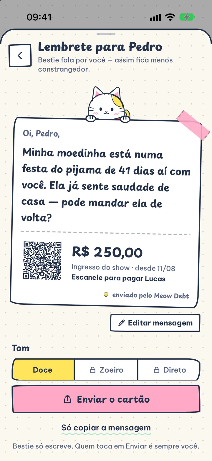 Cobrar sem climão. Cartões de lembrete em três tons, com o seu QR para receber.