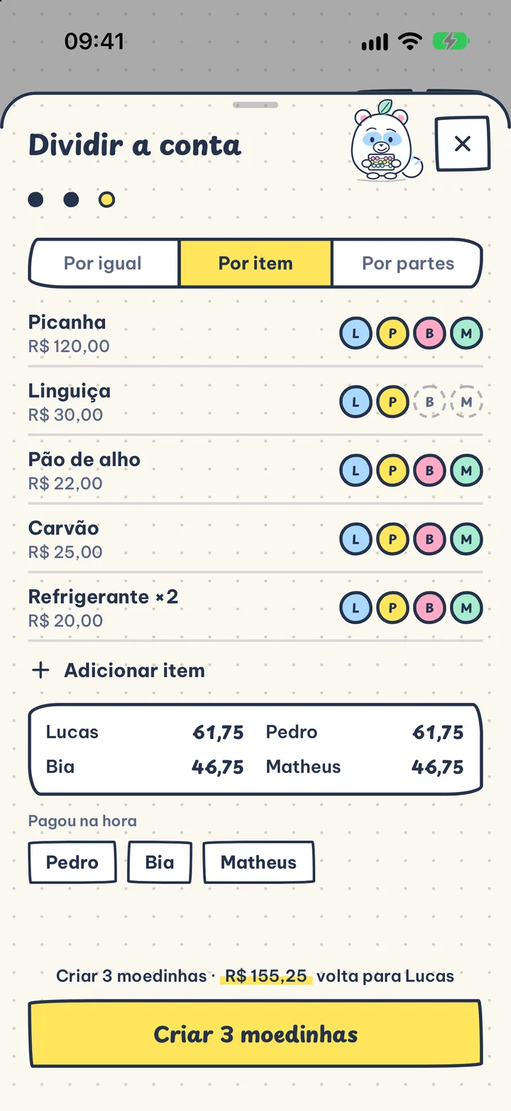 Rachar? Sem contas!. Por igual, por item ou por partes. Você vê na hora quanto cada um deve.