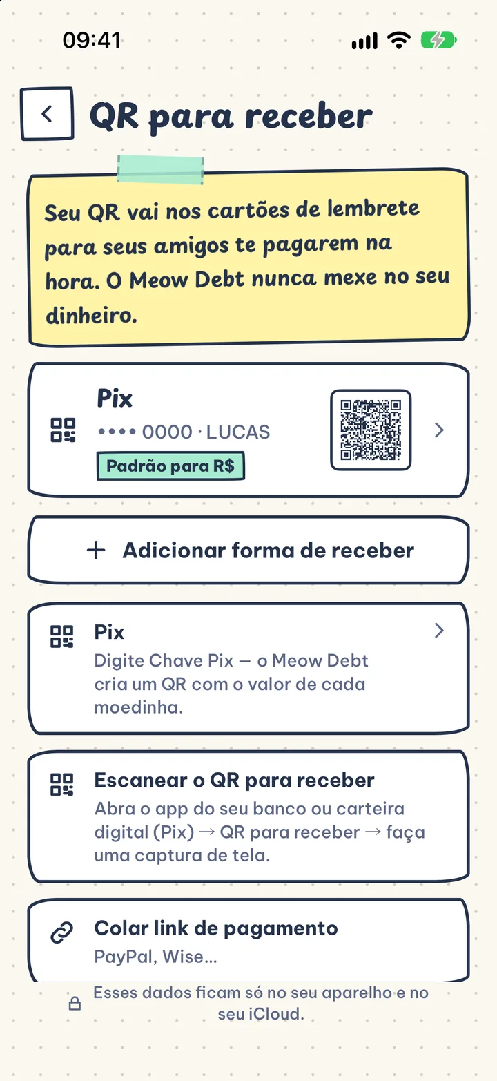Receba do seu jeito. QR Pix com o valor já preenchido ou seu link de pagamento, direto no cartão.