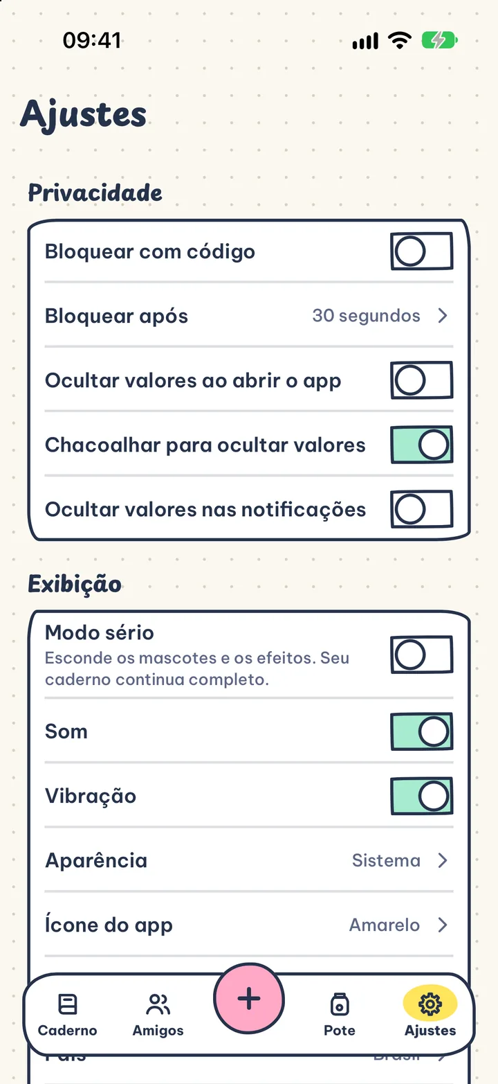 Seu caderno, só seu. Sem cadastro, anúncios ou rastreamento. Tudo fica no seu aparelho e iCloud.