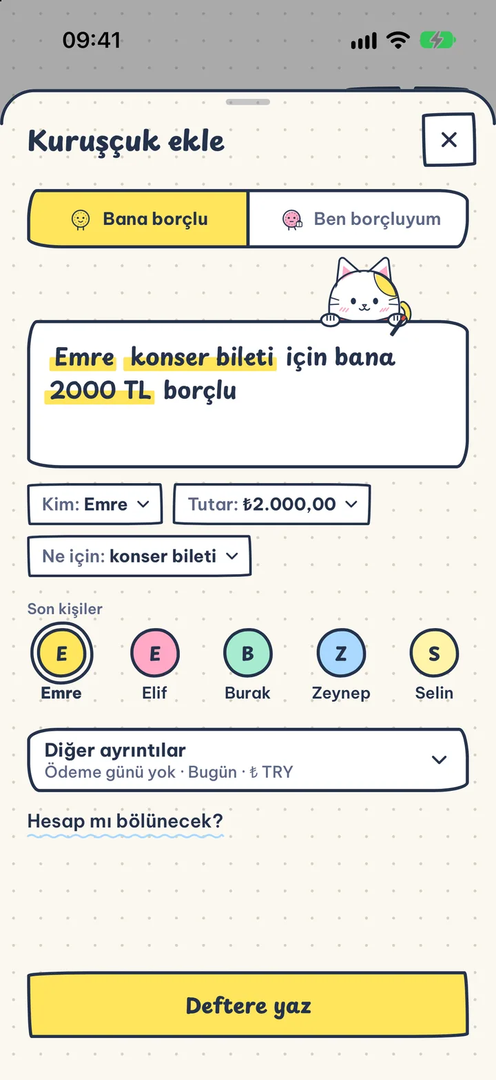 Tek cümle yeter. "Emre konser bileti için bana 2000 TL borçlu" yaz, işte bu kadar.