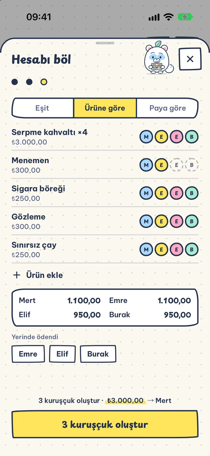Hesabı böl, kafa yorma. Eşit, ürüne göre ya da paya göre. Herkesin payını tek bakışta gör.